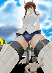 animal_ears arms_behind_back biku_dai blush breasts brown_eyes brown_hair clothing female giantess large_breasts one-piece_swimsuit panah refueling school_swimsuit smile strike_witches striker_unit swimsuit swimsuit_aside tail takei_junko vaginal_insertion vaginal_penetration