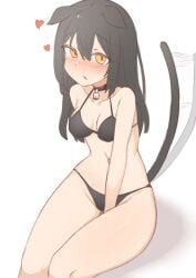 bikini black_bra black_hair black_underwear blushing_at_viewer cat_ears catgirl daebom heart long_hair panther_a tail tailwag war_thunder yellow_eyes