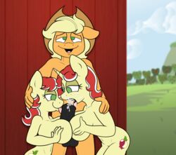 2girls anthro anthrofied applejack(male)_(mlp) applejack_(mlp) balls cutie_mark double_paizuri equine female flam_(mlp) flim_(mlp) friendship_is_magic horse horsecock male my_little_pony open_mouth paizuri penis pony rule_63 siblings sisters straight_hair stunnerponyclop tongue