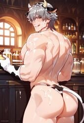 1boy ai_generated bara bara_tiddies bara_tits bennettishot big_ass big_butt bubble_ass bubble_butt caelus_(honkai:_star_rail) cow_ears cow_gloves cow_print cow_tail cow_thong cum cum_on_face honkai:_star_rail honkai_(series) licking_lips looking_back male male_only muscular_male self_upload solo solo_male