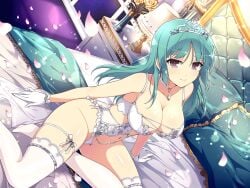 armpits ass_visible_through_thighs bare_arms bare_shoulders bashou_(senran_kagura) bed bedding belly_button big_penis blush body_blush breasts bride cleavage closed_mouth clothing_cutout collarbone feet gloves green_hair jewelry leotard lingerie long_hair marvelous necklace official_art petals purple_eyes senran_kagura senran_kagura_new_link shiny_skin sitting smile thigh_strap thighhighs thighs tiara underwear wedding_gloves wedding_lingerie white_gloves white_thighhighs yaegashi_nan