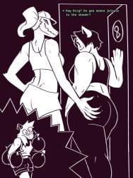 anthro asriel_dreemurr ass athletic athletic_female athletic_wear blush bodily_fluids boss_monster_(undertale) bottomwear bra bratty_(undertale) breasts butt_focus butt_grab catty_(undertale) clothing comic dominant dominant_female dracozhilla duo embarrassed erection female femboy footwear group gym_bag hair hand_on_butt hat headgear headwear hi_res humanoid larger_female looking_back male male/female mammal non-mammal_breasts pants shocked size_difference skinny slightly_chubby sports_bra text trio undertale undertale_(series) underwear workout_clothing yoga_pants