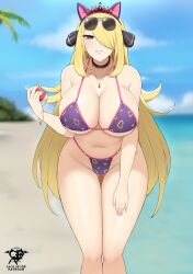 1girls bikini blonde_hair breasts cynthia_(pokemon) female game_freak hips huge_breasts kaos_art light-skinned_female light_skin long_hair nintendo pokemon pokemon_dppt thick_thighs thighs wide_hips