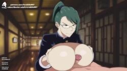 1boy 1girls animated bedroom_eyes big_breasts big_penis breasts breasts_out busty cumskeleton female glasses green_hair half-closed_eyes handjob huge_breasts jiggle jiggling_breasts jjk jujutsu_kaisen jujutsu_kaisen_0 large_breasts longer_than_30_seconds looking_at_viewer male male_pov nipples nsfw_sonia_va nude nude_female nude_male paizuri penis pov scrabble007 sound tagme titjob um_jammer_lammy video zenin_maki