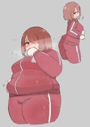 b45ui bbw before_and_after blush eating embarrassed fat fat_female fat_fetish holding_belly overweight pink_hair tracksuit weight_gain