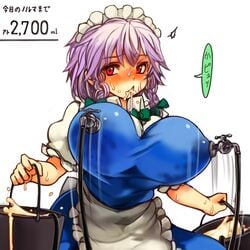 1girls alternate_breast_size big_breasts bow breasts bucket clothing faucet faucet_on_nipples female holding_object huge_breasts human japanese_text lactating lactation large_breasts looking_at_viewer maid maid_headdress milk milking milking_machine red_eyes sachito sakuya_izayoi silver_hair solo tap team_shanghai_alice text touhou