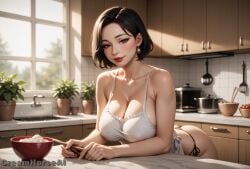 ai_generated apron asian asian_female big_ass big_breasts big_butt cleavage creamhorseai deep_cleavage hard_nipples high_resolution highres horny hourglass_figure huge_breasts kitchen mature_female milf mommy partially_clothed perfect_body red_lipstick seductive seductive_eyes seductive_look seductive_smile short_hair voluptuous voluptuous_female wife