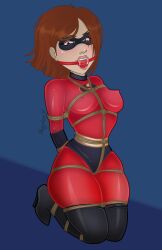 ball_gag bondage bound brown_hair drool drooling female female_only femsub fully_clothed gag helen_parr high_heels horytsvit png rope superheroine the_incredibles tight_clothing