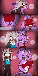 ! ... anthro blaze_the_cat blush breasts cat chacumera closed_eyes clothing comic duo english_text erect_nipples feline female fur half-closed_eyes hedgehog male mammal nipples open_mouth panties pussy silver_the_hedgehog simple_background sonic_(series) straight text tongue underwear undressing wet