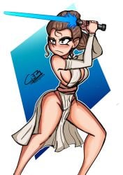 ass bare_legs blush breasts brown_eyes brown_hair clothing detached_sleeves dress energy_sword female female_only gerjm hair_bun holding holding_weapon large_breasts lightsaber medium_breasts pelvic_curtain rey sideboob single_hair_bun solo star_wars sword thighs tied_hair weapon