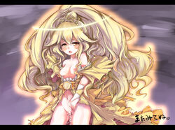 bare_shoulders blonde_hair blush bottomless breasts clothing cure_peace female letterboxed long_hair magical_girl nipples nishimura_nike open_mouth ponytail precure pretty_cure princess_form_(smile_precure) pussy pussy_juice small_breasts smile_precure solo super_form tear tied_hair torn_clothes yayoi_kise yellow_eyes