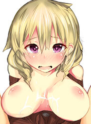 blonde_hair breasts cum cum_on_body cum_on_breasts cum_on_upper_body heart-shaped_pupils highres nipples original purple_eyes rib:y(uhki) symbol-shaped_pupils tear