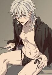 1boy abs arm_support black_panties black_shirt blue_eyes blush bulge bungo_stray_dogs fukuzawa_yukichi grey_hair hair_between_eyes looking_at_viewer male male_focus male_only medium_hair navel no_pants open_mouth open_shirt otogi021 panties shirt side-tie_panties sitting solo solo_male sweatdrop teeth toned toned_male underwear