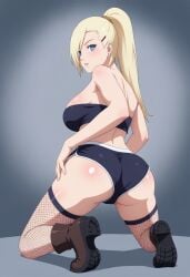 ai_generated back_view big_ass big_breasts big_butt blonde_hair blue_eyes boots civitai dolphin_shorts fishnets hair_over_one_eye ino_yamanaka kneeling large_ass long_hair naruto naruto_(series) naruto_shippuden ponytail stockings tube_top tubetop