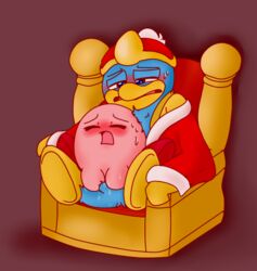 ambiguous anthro_on_anthro blush blushing ecchi-sketch eyes_closed king_dedede kirby kirby_(series) legs_apart male mouth_open narrowed_eyes simple_background sitting_on_lap size_difference sweat sweating tagme throne