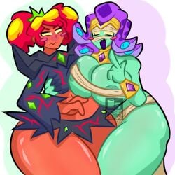 2girls bandage bandages belly_button blushing brawl_stars crown danoldfp embarrassed emz_(brawl_stars) european_mythology gems greek_mythology green_skin half_naked huge_ass huge_breasts huge_thighs magma_mandy_(brawl_stars) mandy_(brawl_stars) medusa_emz_(brawl_stars) multiple_girls no_pupils purple_hair red_hair red_skin snake_hair suggestive tagme yuri