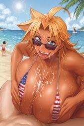 1girls ai_generated american_flag_bikini beach bikini blonde_hair blue_eyes cum cum_on_breasts dark-skinned_female energy_kyouka!! female gyaru huge_breasts human light-skinned_male male paizuri palm_tree palm_trees penis shiraishi_kyouka sunglasses titjob uncensored water