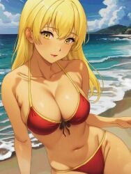 1girls absurdres alternate_costume beach beauty_mark bikini blonde_hair breasts cleavage dark-skinned_female dark_skin fire_emblem fire_emblem:_the_binding_blade goromochan highres igrene_(fire_emblem) large_breasts looking_at_viewer mole mole_under_eye nintendo ocean outdoors red_bikini red_swimsuit solo swimsuit yellow_eyes