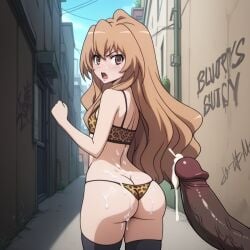 1female 1girls ai_generated ai_hands aisaka_taiga alley alleyway angry booty_shorts brown_eyes brown_hair clenched_fist cock cum_dripping_from_penis cum_on_ass dark-skinned_male dark_skin daytime disembodied_penis ejaculation fist_clenched graffiti leopard_print leopard_print_bikini looking_at_another looking_at_penis outdoors partially_clothed penis pervert pervert_male public skimpy skimpy_clothes small_breasts surprise_cumshot toradora! unaware upset walking whale_tail