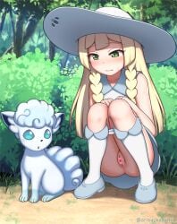 1girls about_to_pee alolan_vulpix arisu_kazumi big_hat blonde_hair blush braid censored embarrassed female feral game_freak green_eyes hat have_to_pee lillie_(pokemon) nervous nintendo no_panties pokemon pokemon_(species) pokemon_sm puddle pussy sitting skirt sweat vulpix woods