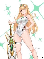 1girls bare_arms bare_legs big_breasts bikini blonde_hair chest_jewel core_crystal covered_navel feet_out_of_frame hand_on_own_hip high_res long_hair mythra mythra_(radiant_beach)_(xenoblade) nintendo oliver_koito one-piece_bikini skindentation smile strapless strapless_one-piece_bikini swept_bangs swimsuit sword thigh_strap tiara very_long_hair weapon white_background white_one-piece_bikini xenoblade_(series) xenoblade_chronicles_2