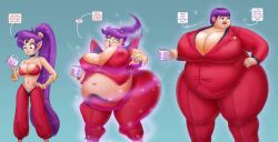 ass_expansion bbw blue_eyes brainwashing breast_expansion business_suit business_woman coffee_mug corporate_tf corruption fat_woman identity_death memory_alteration personality_change purple_hair reality_warping red_suit saturnxart shantae shantae_(character) thigh_expansion transformation