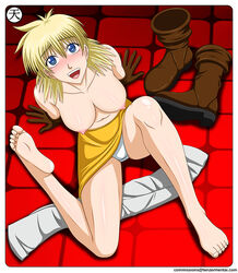 arm_support barefoot blonde_hair blue_eyes blush boots breasts fangs feet female from_above gloves hellsing hellsing_ultimate looking_at_viewer looking_up nagano_tenzen nipples panties seras_victoria short_hair sitting skirt smile sole soles solo stockings tenzen thighhighs toes topless underwear