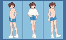 absurdres androgynous blouse breasts brown_eyes brown_hair earrings highres jewelry looking_at_viewer looking_to_the_side looking_up original pixel_art shirt shorts single_earring small_breasts star-kiss undressing white_shirt