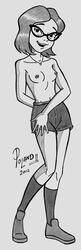 2012 breasts camp_scare clothing contrapposto female female_only front_view glasses greyscale hanna-barbera human monochrome nipples poland_(artist) scooby-doo scooby-doo!_camp_scare shorts signature small_breasts smile solo standing tagme topless trudy trudy_(camp_scare)