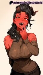 1girls 2025 ai_generated artist_name baldur's_gate baldur's_gate_3 black_hair blush breasts breasts breasts bust chest covered_nipples electroworld female gradient gradient_background hi_res high_quality high_resolution highres karlach looking_at_viewer mole patreon patreon_username ribbed_sweater solo stable_diffusion sweater tongue tongue_out watermark