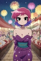 accurate_art_style ai_generated bigmic145 breasts cleavage clothed clothing female festival fireworks netflix pink_hair purple_legwear ramona_flowers robe scott_pilgrim scott_pilgrim_takes_off scott_pilgrim_vs._the_world yukata