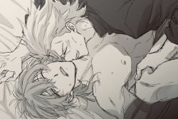 2boys bed_sheet blush bungo_stray_dogs closed_eyes fukuchi_ouchi_(bungou_stray_dogs) fukuzawa_yukichi gay greyscale implied_sex lying male male/male male_focus male_only medium_hair monochrome multiple_boys nipples on_back one_eye_closed open_mouth otogi021 pectorals short_hair tagme yaoi