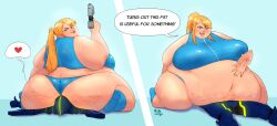 1boy 1girls ass bbw cellulite dialogue facesitting female_on_top gigantic_ass gigantic_belly huge_ass huge_belly metroid obese overweight overweight_female rift_ninja samus_aran text weight_gain