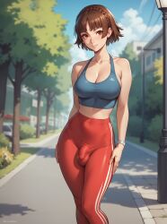 1futa ai_generated atlus bra brown_hair bulge cleavage facing_viewer flaccid futanari looking_at_viewer makoto_niijima medium_breasts outdoors persona persona_5 red_eyes robinlover small_penis solo sports_bra standing tagme workout_clothes