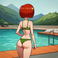 aged_up ai_generated ass back_view big_ass bikini bob_cut eyeliner eyeshadow female flat_chest green_bikini grojband hairclip high_quality highres laney_penn narrow_waist poolside red_hair smile user_zhfj2523 wide_hips