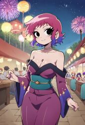 accurate_art_style ai_generated bigmic145 breasts cleavage clothed clothing female festival fireworks netflix pink_hair purple_legwear ramona_flowers robe scott_pilgrim scott_pilgrim_takes_off scott_pilgrim_vs._the_world yukata