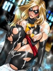 areola_slip areolae bare_shoulders black_gloves black_legwear blindfold blonde_hair blurry breasts bukkake cleavage cleavage_cutout cum cum_on_body cum_on_breasts cum_on_clothes cum_on_hair cum_on_lower_body cum_on_upper_body elbow_gloves facial female gloves high_heels large_breasts lips long_hair mask nipples no_bra one_breast_out pubic_hair pussy sitting solo superhero thighhighs torn_bodysuit torn_clothes torn_legwear