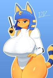 2024 4_fingers absurd_res animal_crossing ankha ankha_(animal_crossing) anthro big_breasts blue_eyes blue_hair breasts clothed clothing cosplay domestic_cat felid feline felis female fingers fur gun hair haydee_(game) hi_res holding_object holding_weapon huge_breasts i3i2455_ivi394 looking_at_viewer mammal nintendo nipple_outline ranged_weapon self_upload simple_background solo tail thick_thighs weapon wide_hips yellow_body yellow_fur