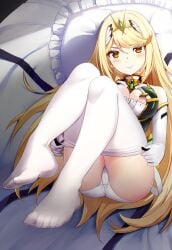 1girls bare_shoulders big_breasts blonde_hair blush chest_jewel cleavage cleavage_cutout clothes_pull clothing_cutout core_crystal dress earrings elbow_gloves feet foreshortening full_body gloves high_res jewelry legs legs_up long_hair looking_at_viewer lying mythra no_shoes on_back pantyhose pantyhose_pull rods short_dress swept_bangs tiara toes white_dress white_gloves white_pantyhose xenoblade_(series) xenoblade_chronicles_2 yellow_eyes