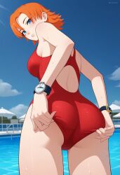 1girls adjusting_clothes adjusting_swimsuit ai_generated ass back_view bare_arms bare_shoulders blue_sky clothing female female_only from_behind ginger ginger_hair lifeguard lifeguard_swimsuit light-skinned_female light_blue_eyes light_skin looking_at_viewer looking_back nora_valkyrie one-piece_swimsuit orange_hair outside parasol pool red_swimsuit rwby sideboob sky solo solo_female swimming_pool swimsuit tagme thighs watch water