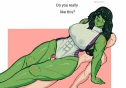 abs blush cameltoe cock_between_legs english_text faceless_male female green_skin jennifer_walters marvel marvel_comics nipples_visible_through_clothing she-hulk size_difference wide_hips