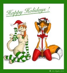 2012 ace_stryker anthro breasts brown_hair candy_cane canine christmas ear_piercing elbow_gloves feline female fox gloves green_eyes hair hat holidays looking_at_viewer mistletoe nipples piercing plain_background pose red_hair ribbons santa_hat stockings