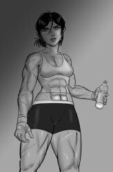 1girls abs asian asian_female athletic athletic_female batgirl batgirl_(cassandra_cain) batman_(series) black_hair cassandra_cain chinese chinese_female chinese_girl dc dc_comics exercise light-skinned_female light_skin monochrome muscular muscular_female scars scars_all_over sketchatron solo_female sweat toned toned_female training water water_bottle