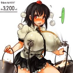 1girls alternate_breast_size big_breasts breasts bucket clothing faucet faucet_on_nipples female hat holding_object huge_breasts japanese_text lactating lactation large_breasts looking_at_viewer milk milking milking_machine necktie no_humans red_eyes sachito shameimaru_aya solo tap team_shanghai_alice tengu text tokin_hat touhou youkai