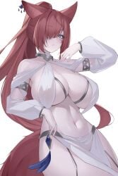 animal_ears blue_eyes blush breasts cleavage female_only fox_ears fox_girl fox_tail highres kaneko_(bblogtinhan) large_breasts long_hair navel original pelvic_curtain red_hair solo tail