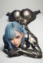 1girls ai_generated armor armored_female bangs barefoot battlesuit battlesuit_girls bed blue_hair bodysuit bright_eyes bright_pupils bubble_butt cleavage clothed feet feet_up female foot_fetish foot_focus gloves in_bed seductive seductive_look sharen_(the_first_descendant) short_hair solo the_first_descendant thick_thighs