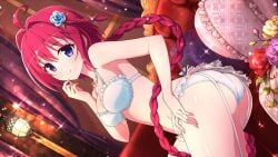 ahoge armpits ass bare_arms bare_belly bare_legs bare_shoulders bare_thighs blush body_blush bra braid breasts cleavage closed_mouth crossover flower_in_hair garter_belt garter_straps hair_ornament hand_on_own_hip kurosaki_mea lingerie long_hair marvelous necklace official_art panties purple_eyes red_hair senran_kagura_new_link shiny_skin small_breasts smile thighs to_love-ru underwear underwear_only white_bra white_panties yaegashi_nan