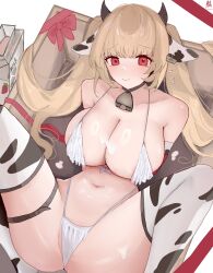 animal_ears animal_print azur_lane bell bikini breasts cleavage cow_ears cow_horns cow_print cow_print_thighhighs fake_animal_ears fake_horns female highleg highleg_bikini highres horns kersaint_(a_saint's_mercy_can_do_no_wrong)_(azur_lane) kersaint_(azur_lane) large_breasts light_brown_hair long_hair lying m_legs milk navel neck_bell official_alternate_costume on_back print_thighhighs spread_legs swimsuit thighhighs thong_bikini twintails white_bikini winter_eclipse