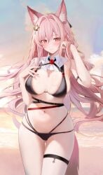 1girls 2020s 2024 animal_ear_fluff animal_ears arknights beach big_breasts bikini blush braids breasts female hi_res kemonomimi light-skinned_female light_skin long_hair navel pink_eyes pink_hair pozyomka_(arknights) ru_zhai smile solo standing swimsuit swimwear thigh_strap thighs water wet wolf_ears wolf_girl wolf_tail