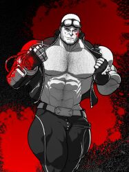 1boy abs augmentation balls bara beard_stubble belt big_bulge big_mouth big_muscles big_pecs big_penis blood_splatter body_hair broad_shoulders bulge chest_hair cyborg eight_pack facial_hair fighting_gloves flaccid gauntlet gloves goggles goggles_on_forehead goggles_on_head hairy_chest hairy_male hyper_muscles implants jack_cayman jacket large_jaw madworld male male_nipples male_only manly monochrome muscles muscular muscular_arms muscular_male muscular_neck muscular_thighs naked_jacket navel near_monochrome neck nipples obliques open_jacket pecs penis red_background ripped-saurian robotic_arm serratus_anterior short_hair six_pack solo solo_male spiked_gloves spot_color stubble trapezius undressing walking wide_jaw wide_shoulders zipper